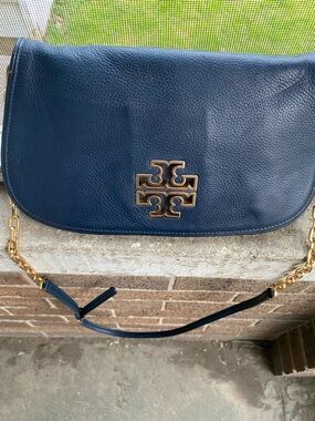 Tory Burch Deep Blue Leather Crossbody with Gold Logo Hardware